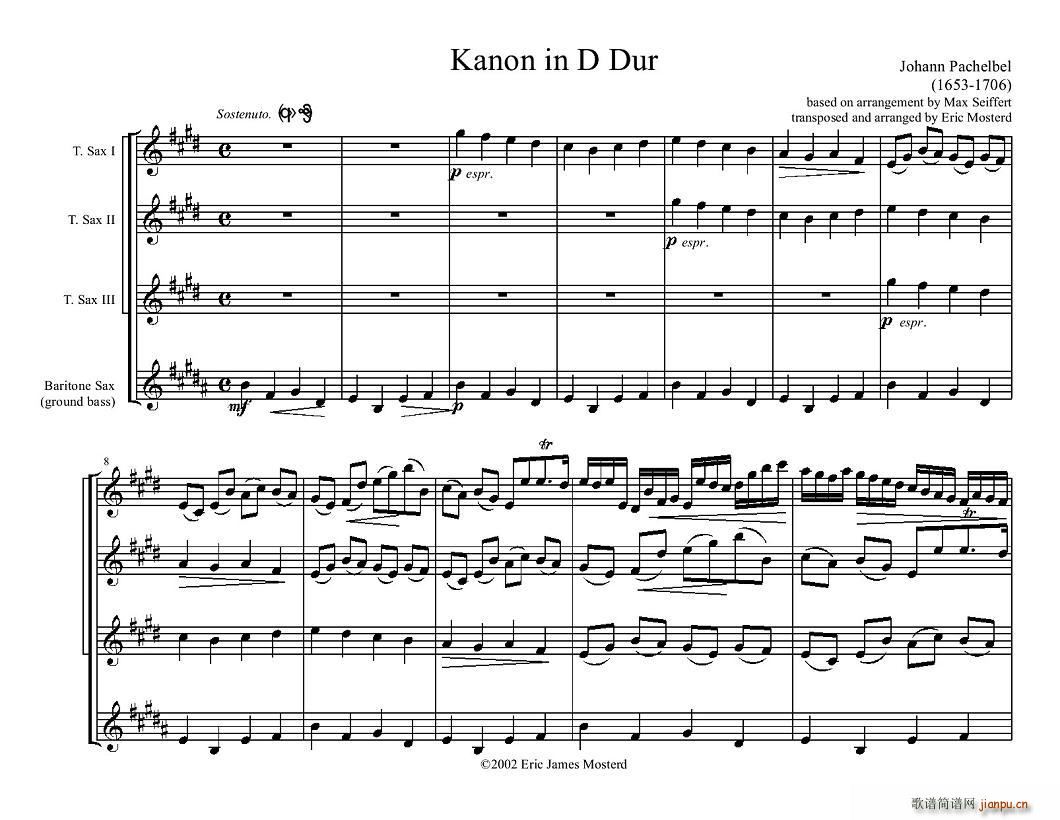 kanon in d dur(卡农四重奏)简谱