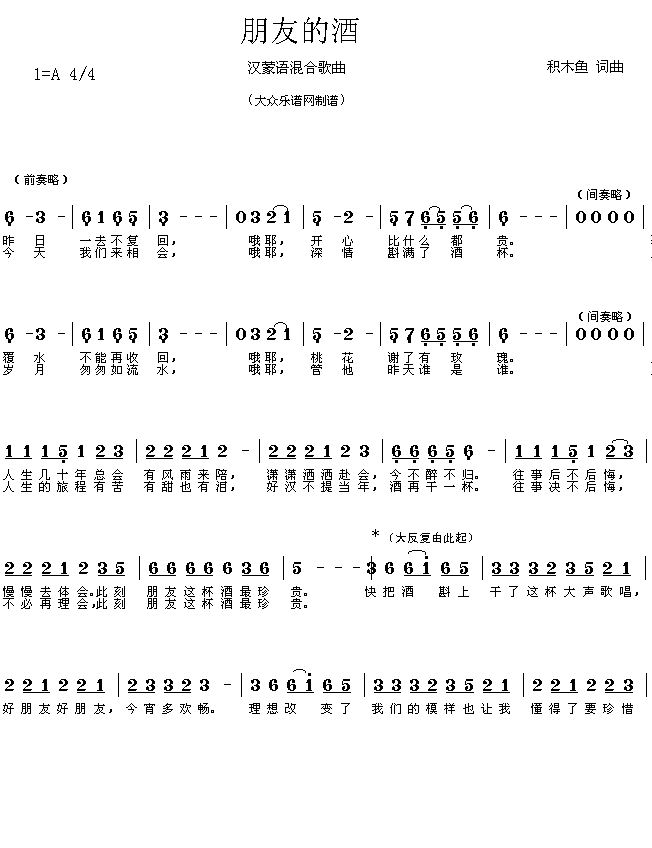 歌曲朋友这杯酒简谱图片