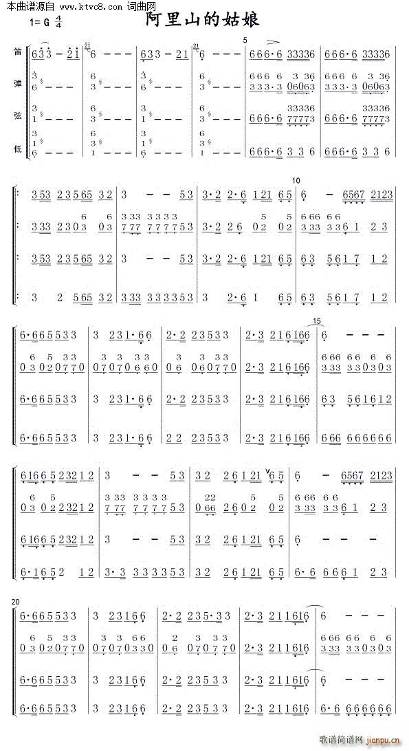 阿里山的姑娘( 民樂小 )簡譜_阿里山的姑娘( 民樂小 )總譜曲譜_總譜