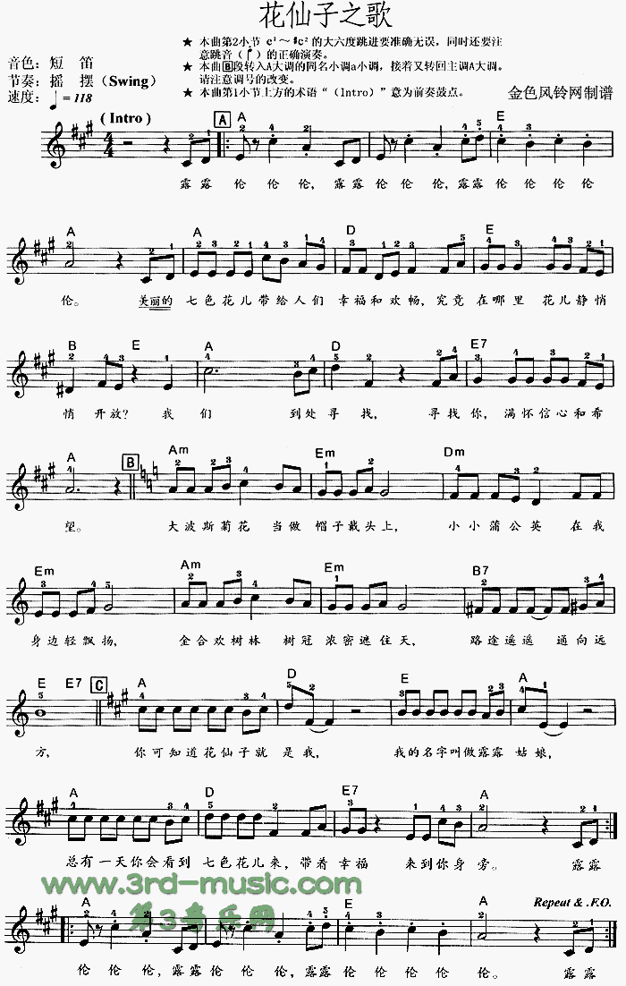 是一首经典的电子琴谱曲目,花仙子之歌(同名动画片主题歌)