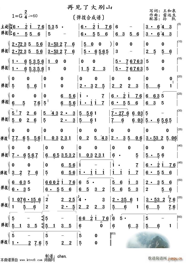 再見了大別山(彈撥合成譜)簡譜_再見了大別山(彈撥合成譜)總譜曲譜